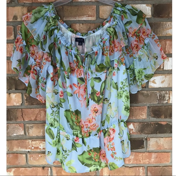 Tommy Hilfiger Women’s Striped and Floral Print Tassel Tie-Neck Top  XL - Picture 1 of 7